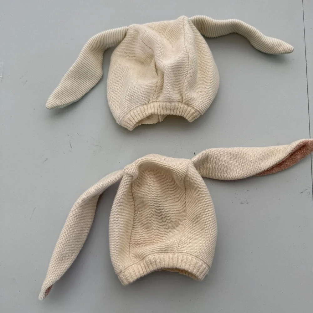 Meri Meri Kids Knit Bunny Bonnet Hat Lot of 2 Cream floppy  Ears photoshoot